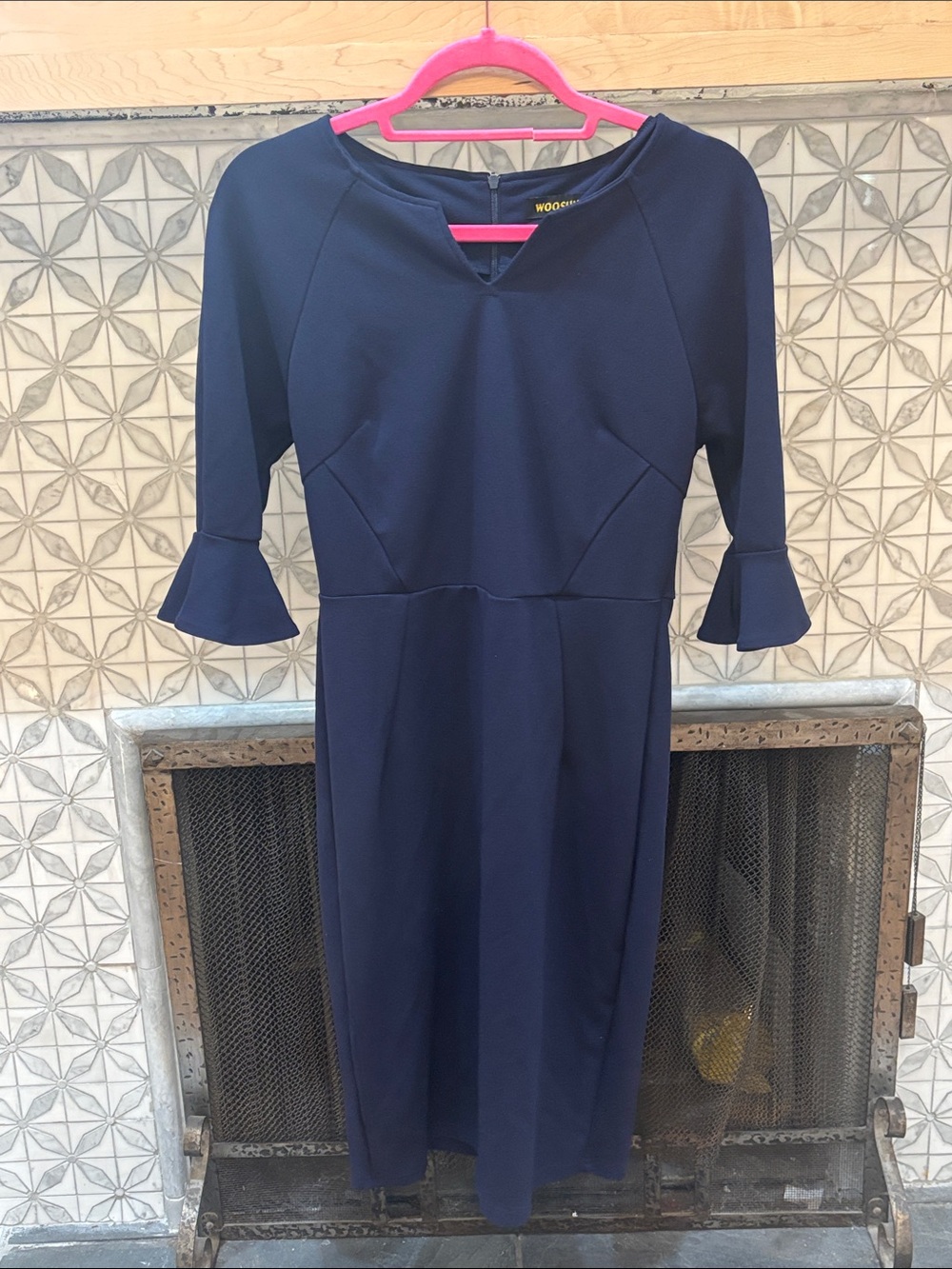 Elegant blue Midi Dress with Bell Sleeves